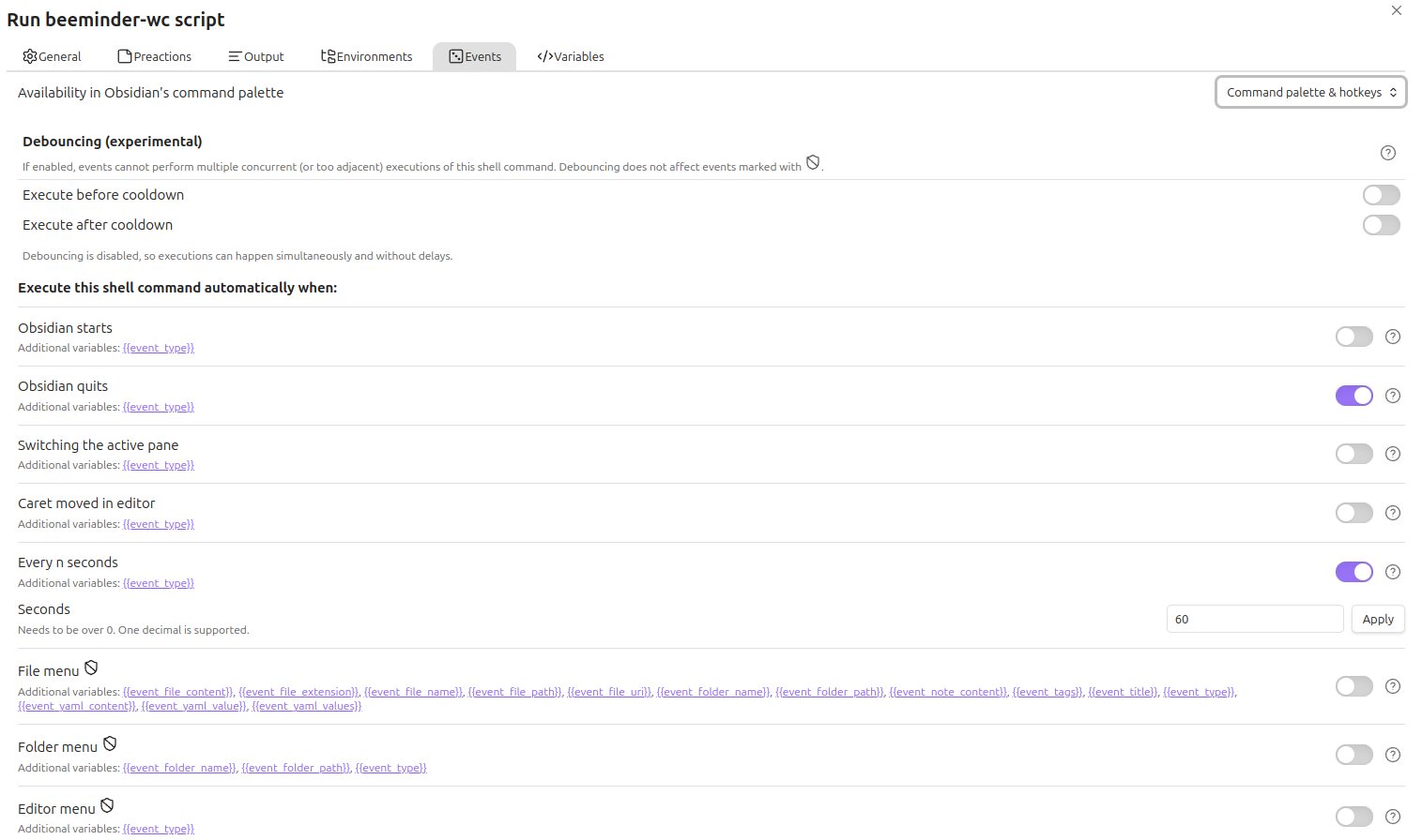 shell command plugin settings